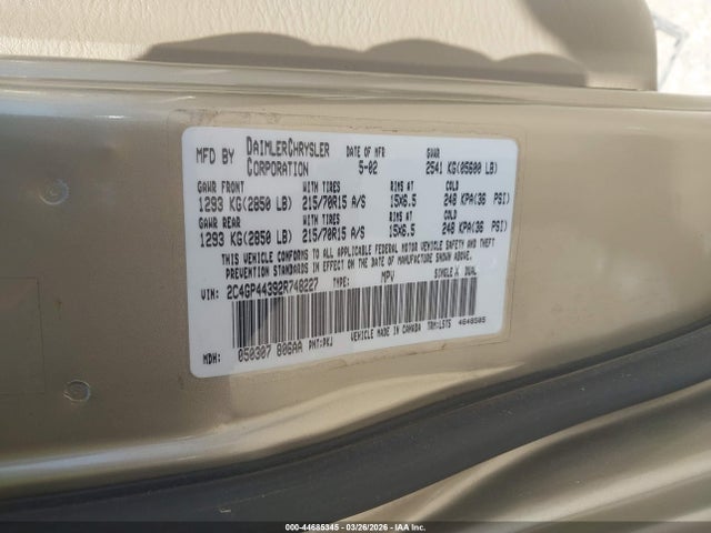 Aukcja sprzedaży 2002 Chrysler Town & Country Lx, vin: 2C4GP44392R748227, numer aukcji: 44685345