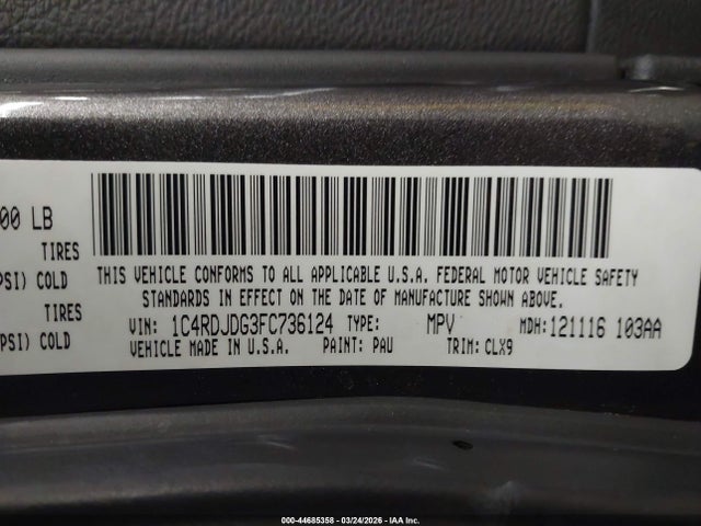 44685358 :رقم المزاد ، 1C4RDJDG3FC736124 vin ، 2015 Dodge Durango Limited مزاد بيع