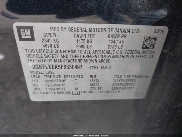 Aukcja sprzedaży 2015 Gmc Terrain Slt-1, vin: 2GKFLXEK5F6330497, numer aukcji: 44685372