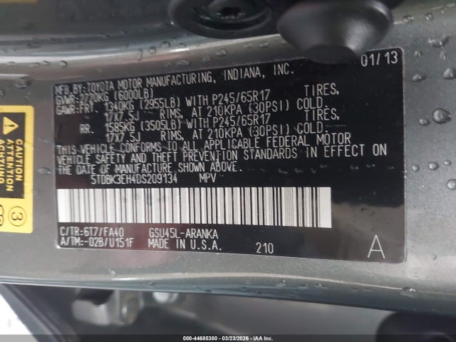 2013 Toyota Highlander Base Plus V6 მანქანა იყიდება აუქციონზე, vin: 5TDBK3EH4DS209134, აუქციონის ნომერი: 44685380