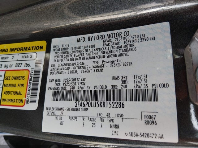 Auction sale of the 2019 Ford Fusion Hybrid Se, vin: 3FA6P0LU5KR152286, lot number: 44685386