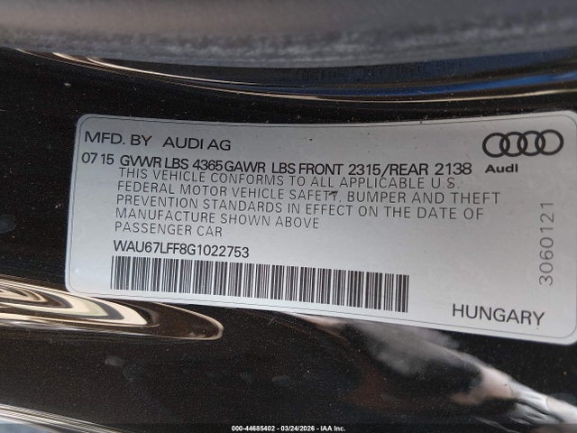 Продаж на аукціоні авто 2016 Audi A3 1.8t Premium, vin: WAU67LFF8G1022753, номер лоту: 44685402