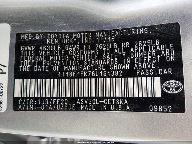 44685408 :رقم المزاد ، 4T1BF1FK7GU164382 vin ، 2016 Toyota Camry Se مزاد بيع