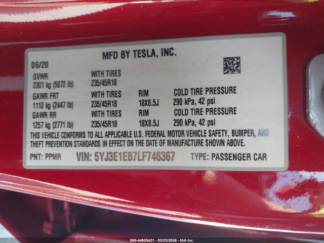 2020 TESLA MODEL 3 5YJ3E1EB7LF746367 Photo 8