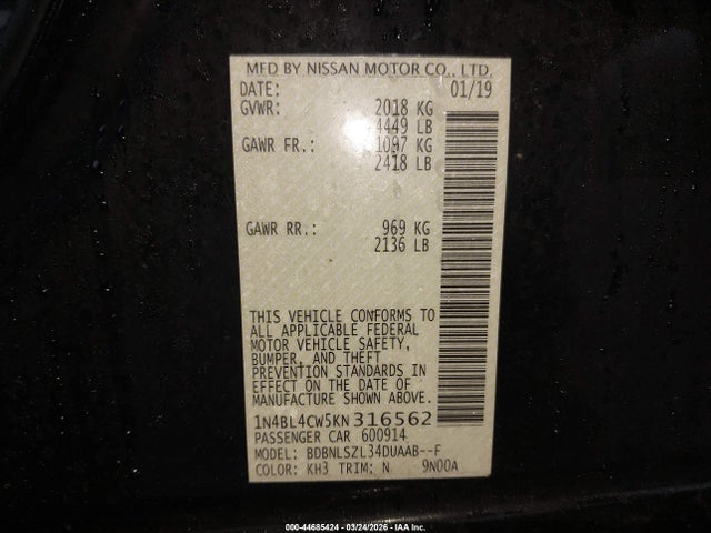 1N4BL4CW5KN316562 Nissan Altima 2.5 Sr