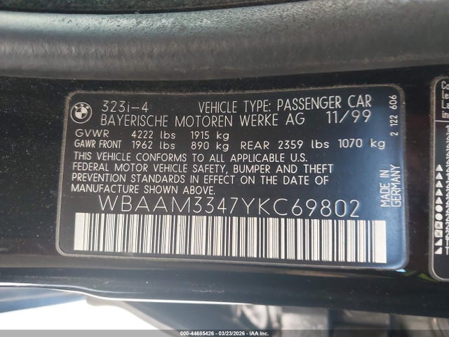 Aukcja sprzedaży 2000 Bmw 323i, vin: WBAAM3347YKC69802, numer aukcji: 44685426