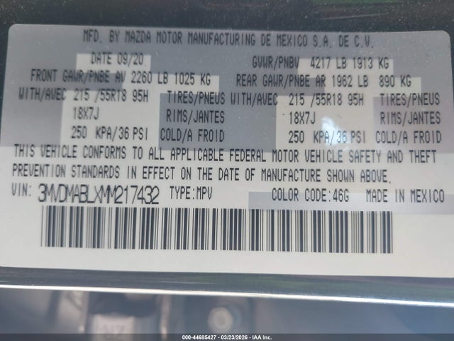 44685427 :رقم المزاد ، 3MVDMABLXMM217432 vin ، 2021 Mazda Cx-30 Select مزاد بيع