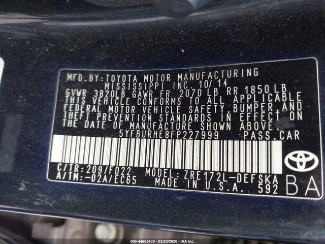 44685430 :رقم المزاد ، 5YFBURHE8FP227999 vin ، 2015 Toyota Corolla S Plus مزاد بيع