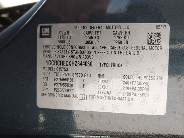 Aukcja sprzedaży 2017 Chevrolet Silverado 1500 1lt, vin: 1GCRCRECXHZ344030, numer aukcji: 44685433
