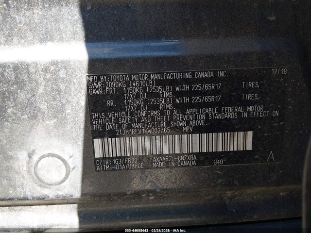 2T3H1RFV1KW002765 Toyota RAV4 LE