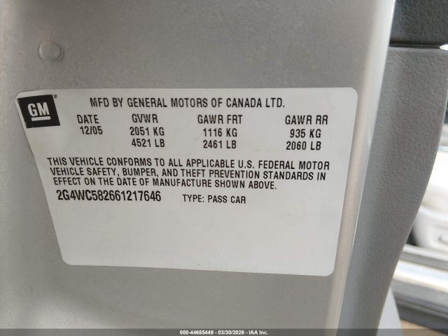 44685449 :رقم المزاد ، 2G4WC582661217646 vin ، 2006 Buick Lacrosse Cx مزاد بيع
