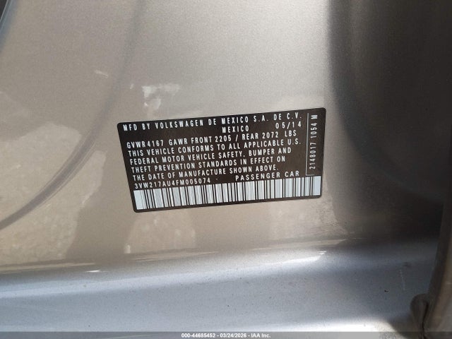 44685452 :رقم المزاد ، 3VW217AU4FM005074 vin ، 2015 Volkswagen Golf Tsi Sel 4-door مزاد بيع