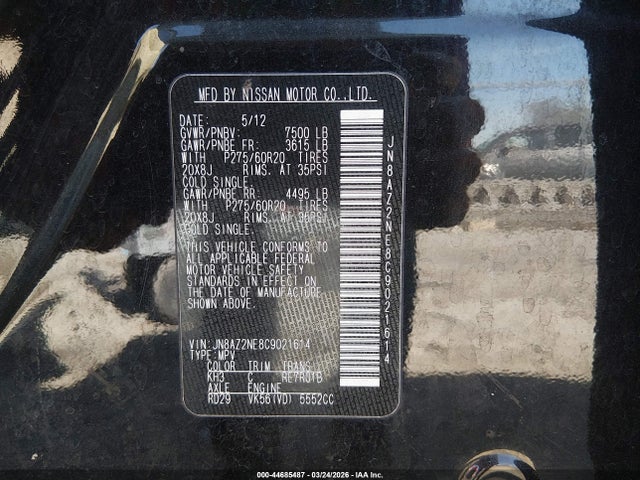 2012 Infiniti Qx56 მანქანა იყიდება აუქციონზე, vin: JN8AZ2NE8C9021614, აუქციონის ნომერი: 44685487