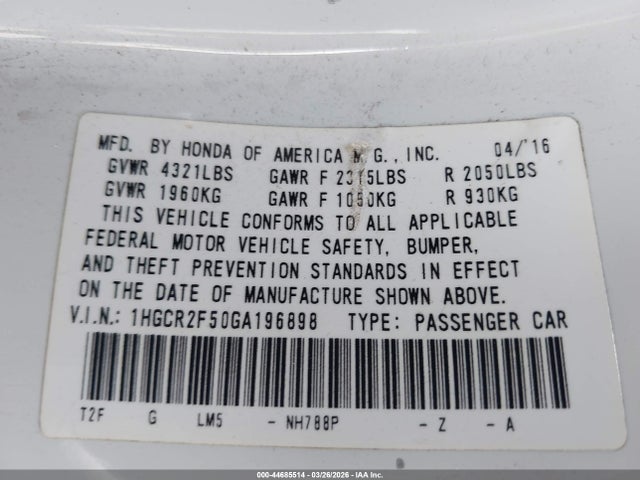 1HGCR2F50GA196898 Honda Accord Sport