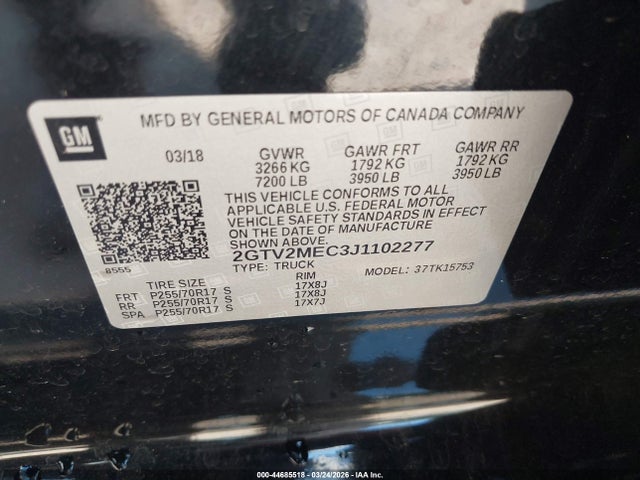 2018 Gmc Sierra 1500 Sle მანქანა იყიდება აუქციონზე, vin: 2GTV2MEC3J1102277, აუქციონის ნომერი: 44685518