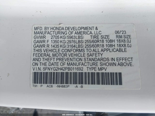 Aukcja sprzedaży 2023 Honda Pilot 2wd Ex-l 8 Passenger, vin: 5FNYG2H42PB011692, numer aukcji: 44685523