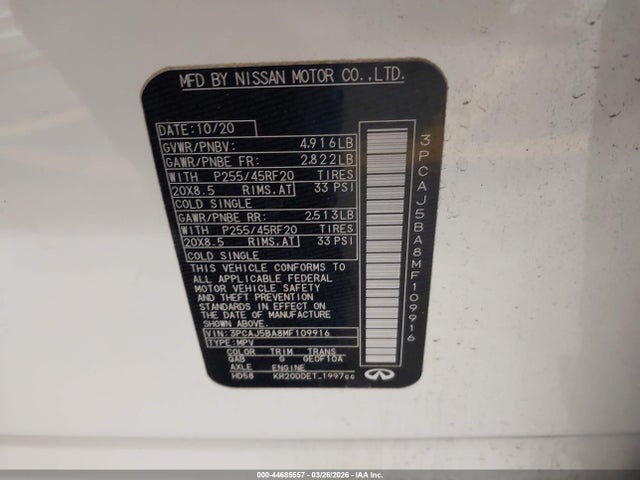 44685557 :رقم المزاد ، 3PCAJ5BA8MF109916 vin ، 2021 Infiniti Qx50 Luxe مزاد بيع
