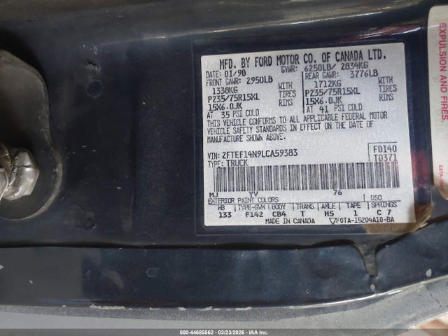 Продажа на аукционе авто 1990 Ford F150, vin: 2FTEF14N9LCA59383, номер лота: 44685562