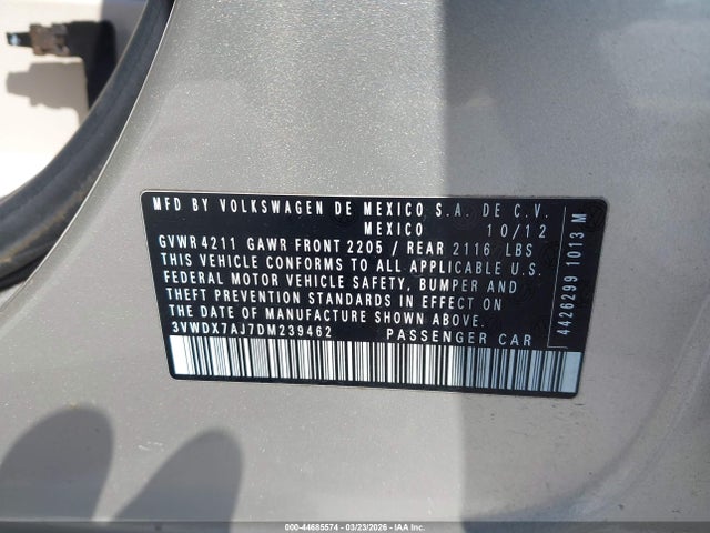 Продаж на аукціоні авто 2013 Volkswagen Jetta 2.5l Se, vin: 3VWDX7AJ7DM239462, номер лоту: 44685574