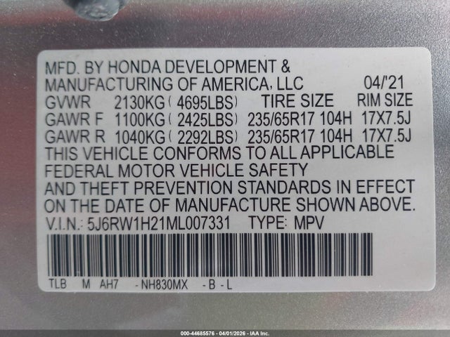 Продажа на аукционе авто 2021 Honda Cr-v 2wd Lx, vin: 5J6RW1H21ML007331, номер лота: 44685576