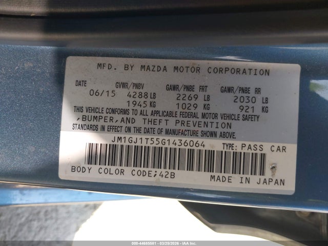44685581 :رقم المزاد ، JM1GJ1T55G1436064 vin ، 2016 Mazda Mazda6 I Touring مزاد بيع