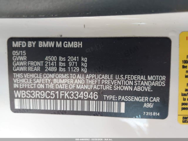 Продажа на аукционе авто 2015 Bmw M4, vin: WBS3R9C51FK334946, номер лота: 44685582