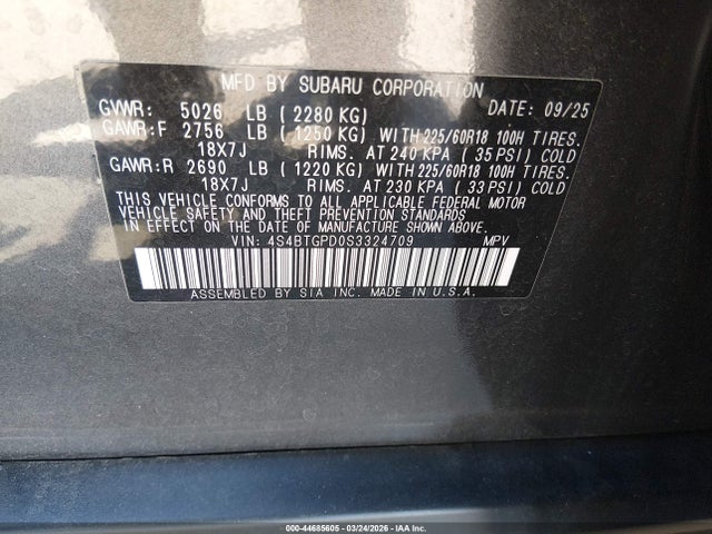Продажа на аукционе авто 2025 Subaru Outback Touring Xt, vin: 4S4BTGPD0S3324709, номер лота: 44685605