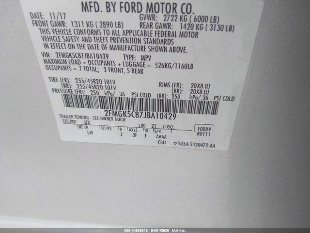 2018 Ford Flex Sel მანქანა იყიდება აუქციონზე, vin: 2FMGK5C87JBA10429, აუქციონის ნომერი: 44685616