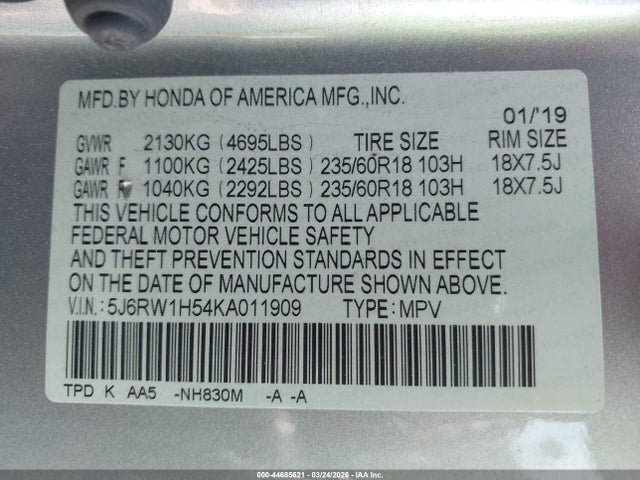 5J6RW1H54KA011909 Honda CR-V EX