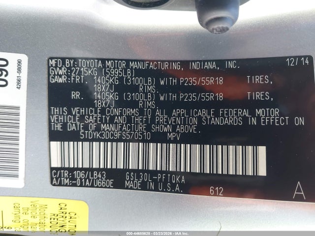 5TDYK3DC9FS570510 Toyota Sienna Limited 7 Passenger