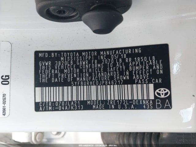 5YFBURHE0JP846217 Toyota COROLLA LE