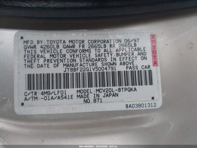 Aukcja sprzedaży 1997 Lexus Es 300, vin: JT8BF22G1V5004791, numer aukcji: 44685652