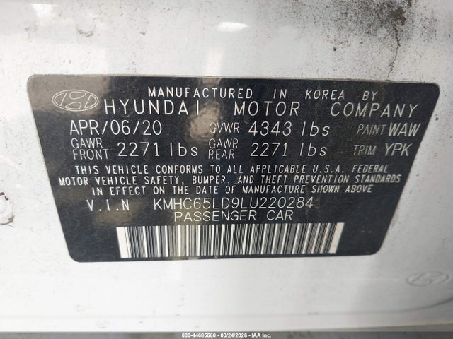 44685668 :رقم المزاد ، KMHC65LD9LU220284 vin ، 2020 Hyundai Ioniq Plug-in Hybrid Se مزاد بيع