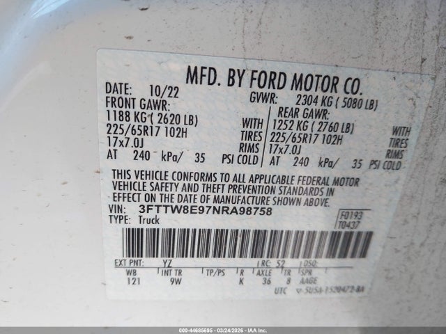 Aukcja sprzedaży 2022 Ford Maverick Xl, vin: 3FTTW8E97NRA98758, numer aukcji: 44685695