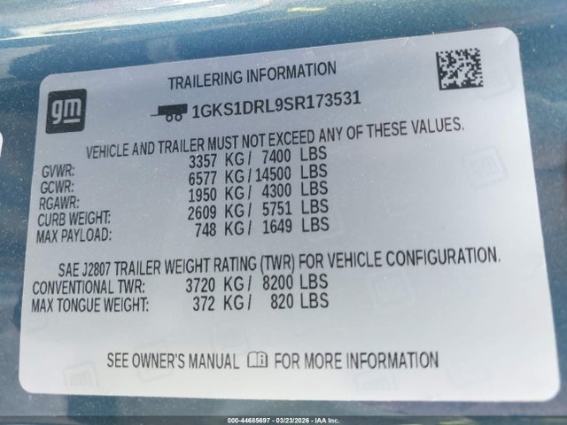 1GKS1DRL9SR173531 GMC Yukon 2wd Denali