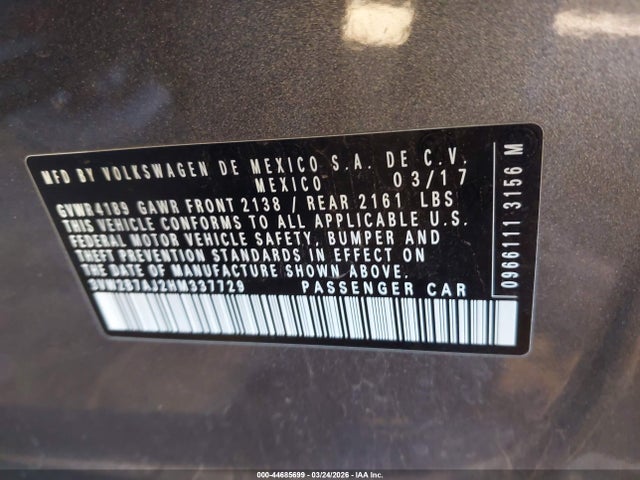 2017 Volkswagen Jetta 1.4t S მანქანა იყიდება აუქციონზე, vin: 3VW2B7AJ2HM337729, აუქციონის ნომერი: 44685699