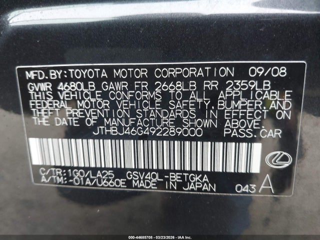 2009 Lexus Es 350 მანქანა იყიდება აუქციონზე, vin: JTHBJ46G492289000, აუქციონის ნომერი: 44685708