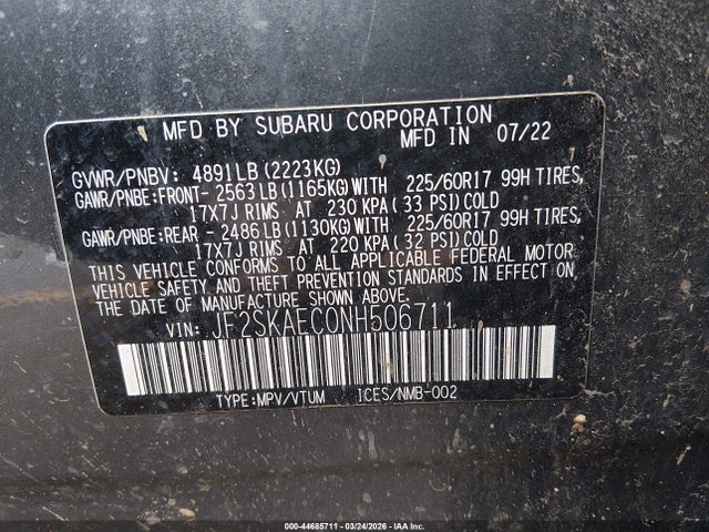 Продаж на аукціоні авто 2022 Subaru Forester Premium, vin: JF2SKAEC0NH506711, номер лоту: 44685711