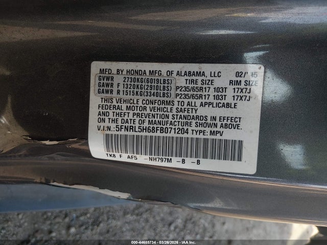 2015 Honda Odyssey Ex-l მანქანა იყიდება აუქციონზე, vin: 5FNRL5H68FB071204, აუქციონის ნომერი: 44685734