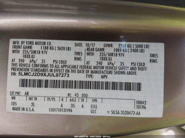 44685745 :رقم المزاد ، 5LMCJ2D9XJUL07273 vin ، 2018 Lincoln Mkc Select مزاد بيع
