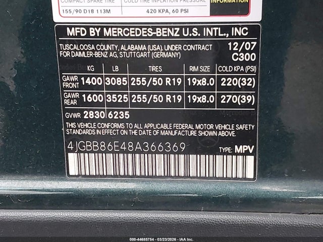 Aukcja sprzedaży 2008 Mercedes-benz Ml 350 4matic, vin: 4JGBB86E48A366369, numer aukcji: 44685754
