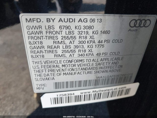 2014 Audi Q7 3.0t Premium მანქანა იყიდება აუქციონზე, vin: WA1LGAFE0ED001015, აუქციონის ნომერი: 44685762