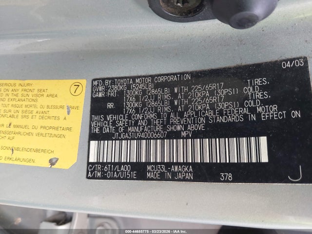 Aukcja sprzedaży 2004 Lexus Rx 330, vin: JTJGA31U940006607, numer aukcji: 44685775