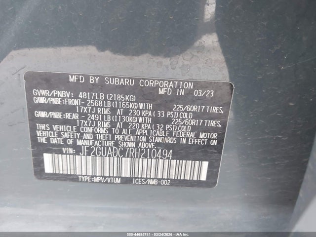 2024 Subaru Crosstrek Premium მანქანა იყიდება აუქციონზე, vin: JF2GUADC7RH210494, აუქციონის ნომერი: 44685781