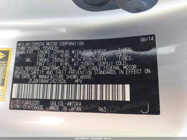 44685791 :رقم المزاد ، JTJZK1BA6F2421826 vin ، 2015 Lexus Rx 350 مزاد بيع
