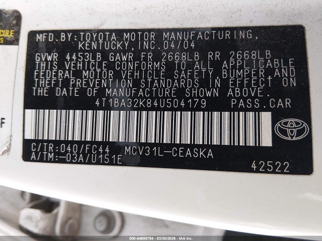Aukcja sprzedaży 2004 Toyota Camry Se V6, vin: 4T1BA32K84U504179, numer aukcji: 44685794