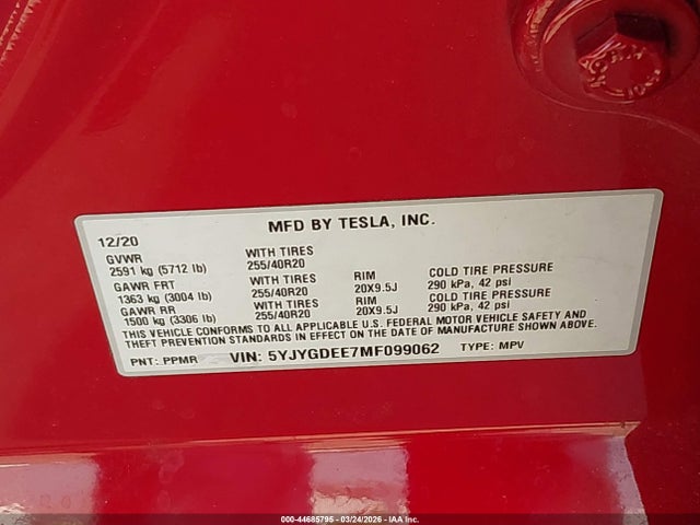 2021 Tesla Model Y Long Range Dual Motor All-wheel Drive მანქანა იყიდება აუქციონზე, vin: 5YJYGDEE7MF099062, აუქციონის ნომერი: 44685795