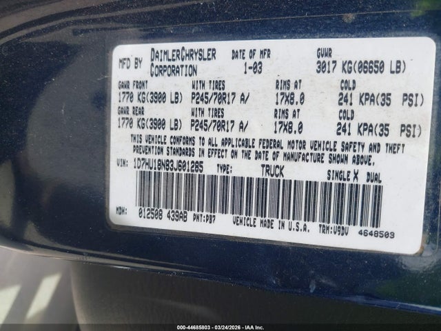 Продажа на аукционе авто 2003 Dodge Ram 1500 Slt/laramie/st, vin: 1D7HU18N83J601285, номер лота: 44685803