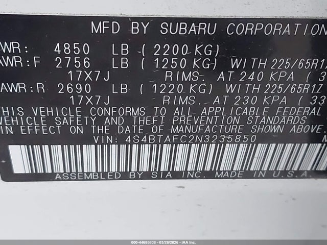 2022 Subaru Outback Premium მანქანა იყიდება აუქციონზე, vin: 4S4BTAFC2N3235850, აუქციონის ნომერი: 44685808