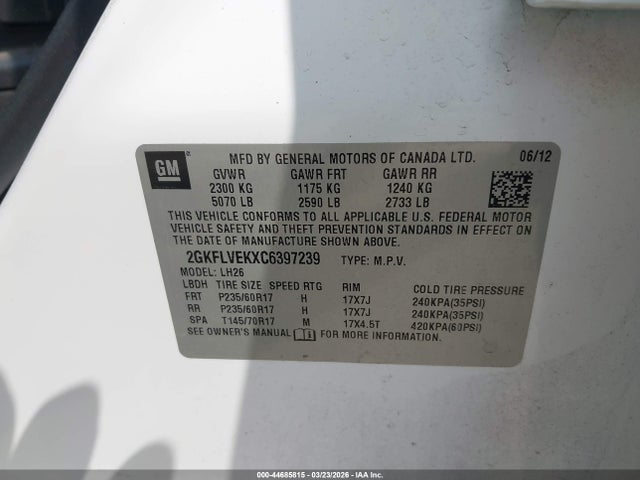 Aukcja sprzedaży 2012 Gmc Terrain Slt-1, vin: 2GKFLVEKXC6397239, numer aukcji: 44685815